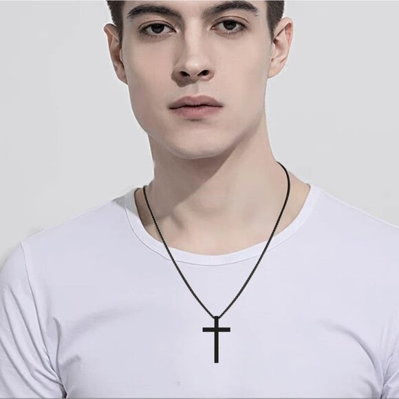 Men 22 Inches/2.5mm Silver/Black Stainless Steel Bible Verse Cross Pendant 2 Pcs - Picture 5 of 6